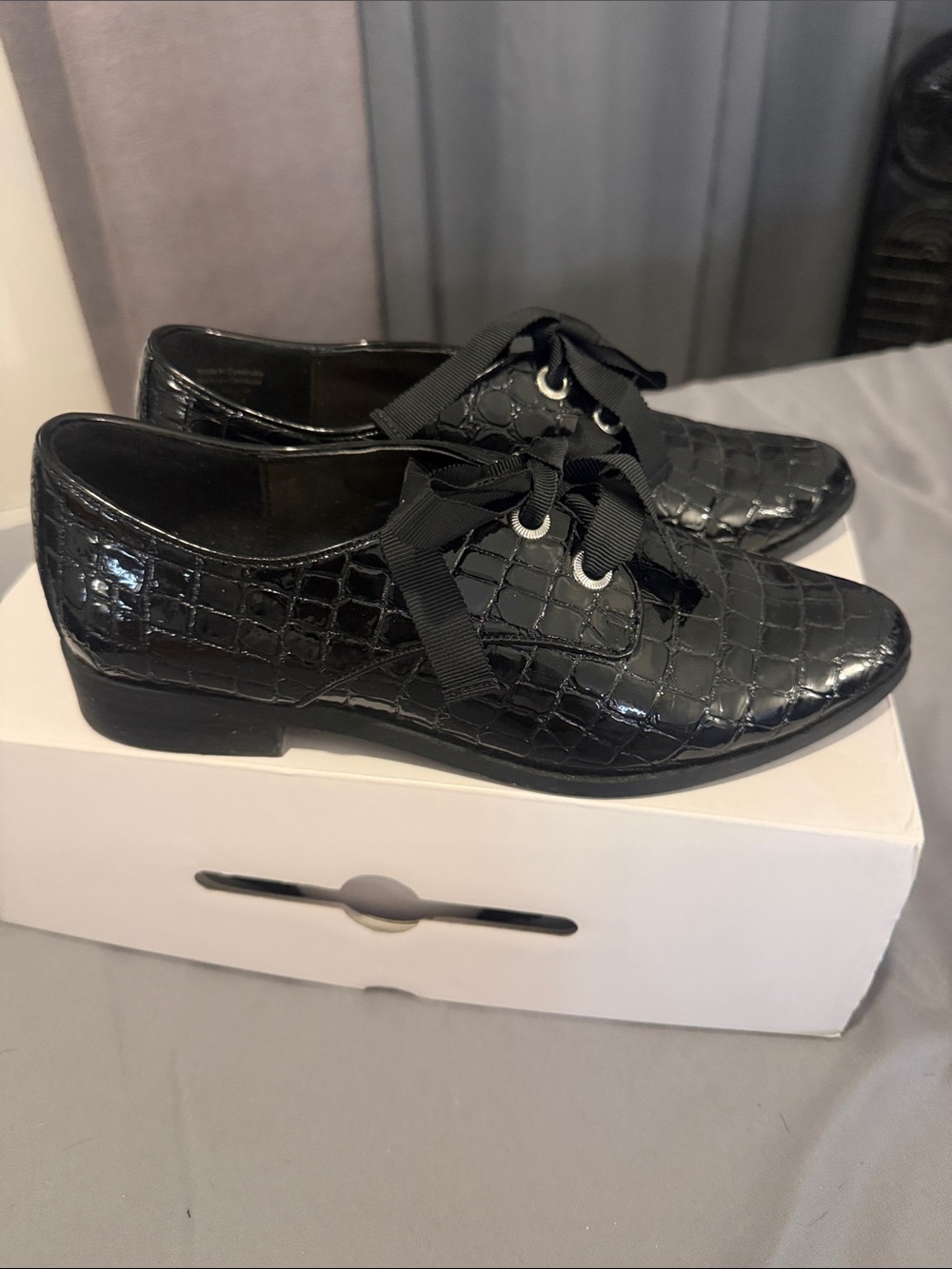 Black Croc-Embossed Lace-Up Women's Oxfords